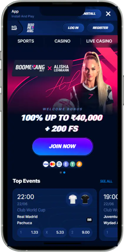 Mobile app interface at Boomerang Bet Casino
