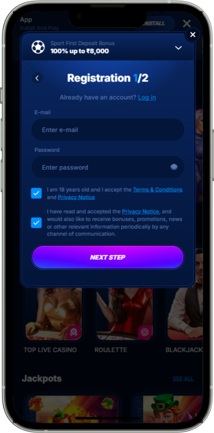 Boomerang Bet Casino mobile app account registration form