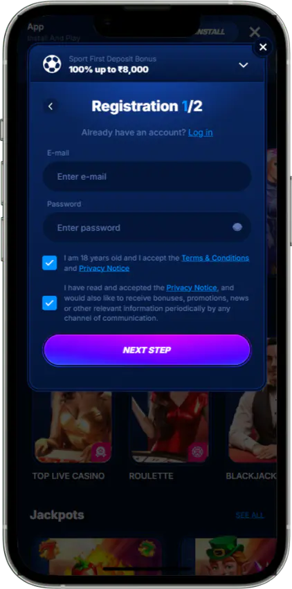 Boomerang Bet Casino mobile app account registration form